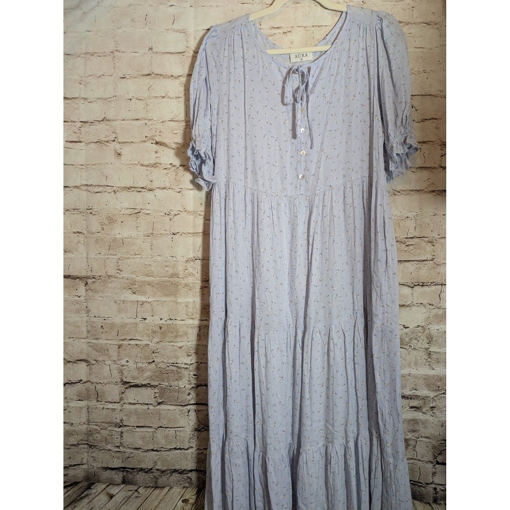 AURA Peasant Midi Dress Medium Romantic Baby Blue Florals Tiered Cottage Country